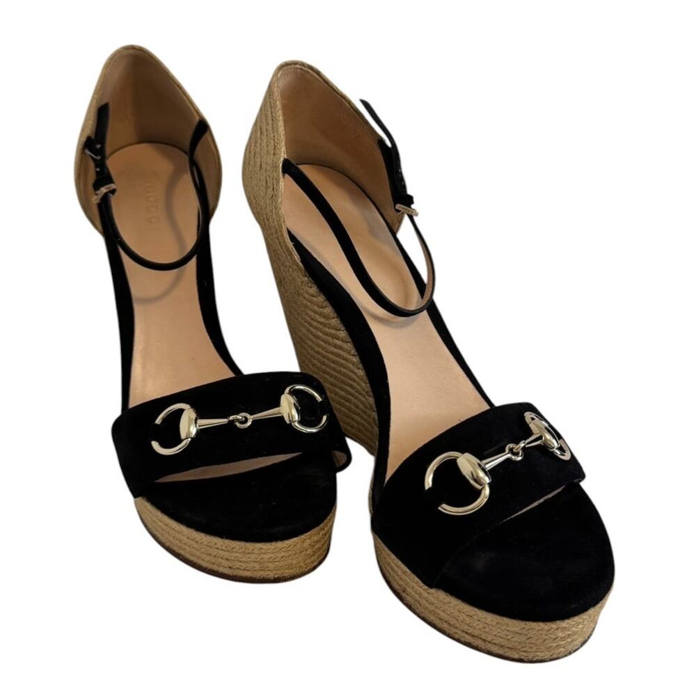 Gucci Horsebit Espadrille Black Suede Wedges Size  41.5 Box & Dust Bags Included - Picture 3 of 16
